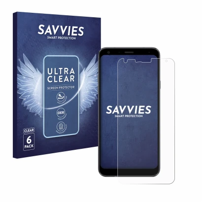 Parte frontale di una confezione del prodotto con il logo del marchio Savvies. Accanto è raffigurato il dispositivo LG Q7 con 