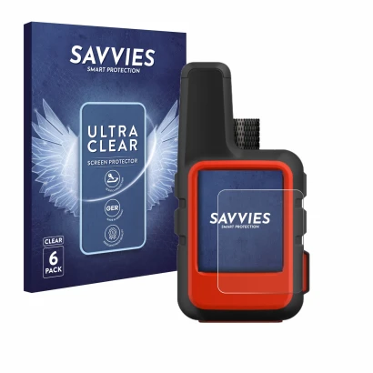 Parte frontale di una confezione del prodotto con il logo del marchio Savvies. Accanto è raffigurato il dispositivo Garmin inR