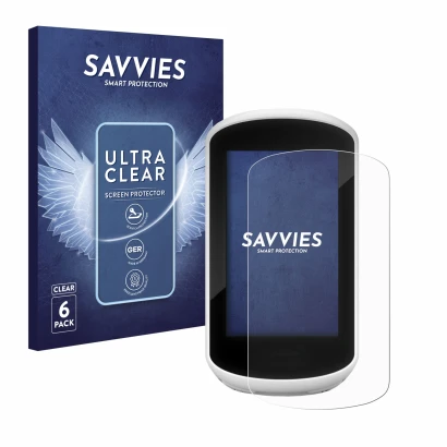 Parte frontale di una confezione del prodotto con il logo del marchio Savvies. Accanto è raffigurato il dispositivo Garmin Edg