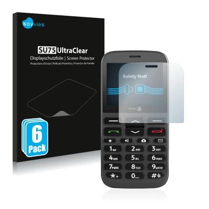 Parte frontale di una confezione del prodotto con il logo del marchio Savvies. Accanto è raffigurato il dispositivo Doro 1370 