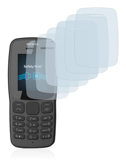 Immagine del dispositivo Nokia 106 2018 con un'ampia varietà di protezioni per lo schermo.