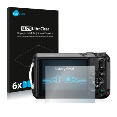 Parte frontale di una confezione del prodotto con il logo del marchio Savvies. Accanto è raffigurato il dispositivo Ricoh WG-6