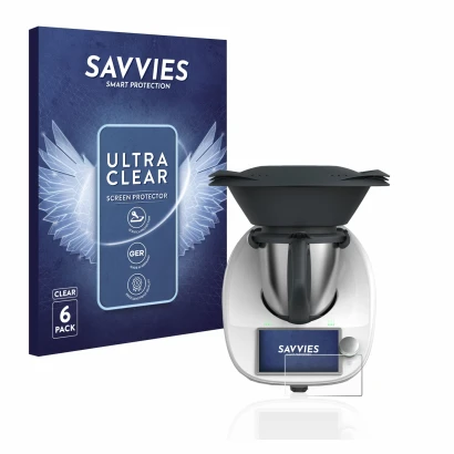 Parte frontale di una confezione del prodotto con il logo del marchio Savvies. Accanto è raffigurato il dispositivo Vorwerk Th