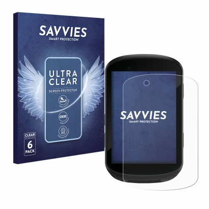 Parte frontale di una confezione del prodotto con il logo del marchio Savvies. Accanto è raffigurato il dispositivo Garmin Edg