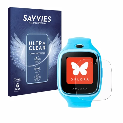 Parte frontale di una confezione del prodotto con il logo del marchio Savvies. Accanto è raffigurato il dispositivo Xplora Go 