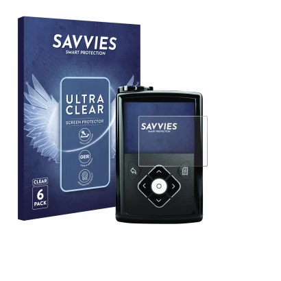Parte frontale di una confezione del prodotto con il logo del marchio Savvies. Accanto è raffigurato il dispositivo Medtronic 