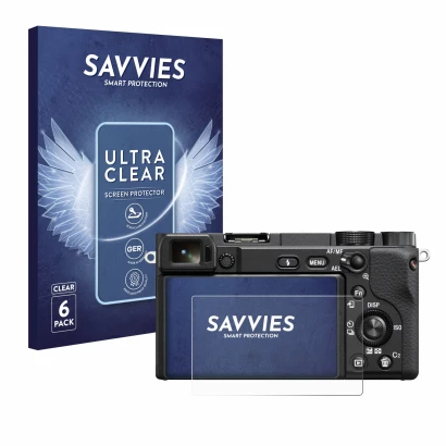 Parte frontale di una confezione del prodotto con il logo del marchio Savvies. Accanto è raffigurato il dispositivo Sony Alpha