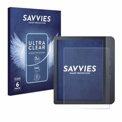 Parte frontale di una confezione del prodotto con il logo del marchio Savvies. Accanto è raffigurato il dispositivo Kobo Libra