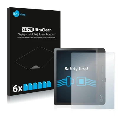 Parte frontale di una confezione del prodotto con il logo del marchio Savvies. Accanto è raffigurato il dispositivo Tolino Epo