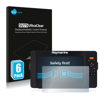 Parte frontale di una confezione del prodotto con il logo del marchio Savvies. Accanto è raffigurato il dispositivo Raymarine 