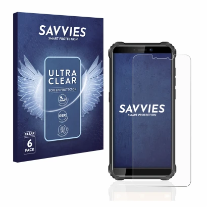 Parte frontale di una confezione del prodotto con il logo del marchio Savvies. Accanto è raffigurato il dispositivo Oukitel WP