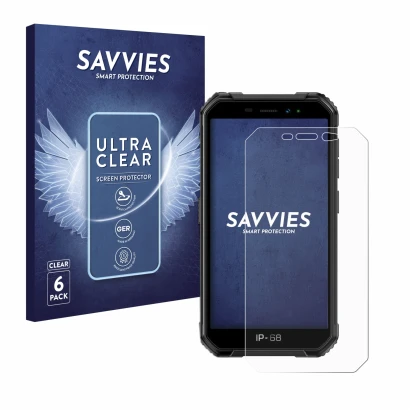 Parte frontale di una confezione del prodotto con il logo del marchio Savvies. Accanto è raffigurato il dispositivo Ulefone Ar