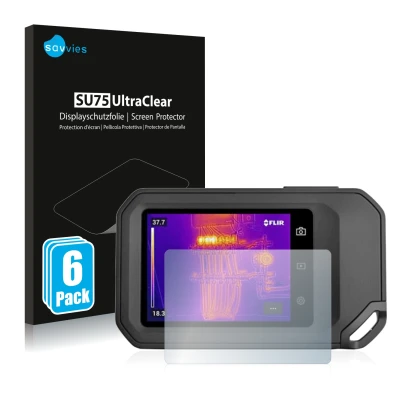 Parte frontale di una confezione del prodotto con il logo del marchio Savvies. Accanto è raffigurato il dispositivo Flir C5 co