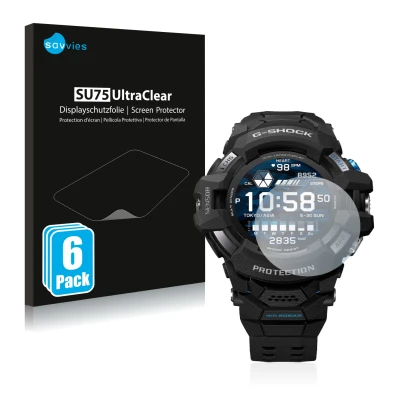 Parte frontale di una confezione del prodotto con il logo del marchio Savvies. Accanto è raffigurato il dispositivo Casio G-Sh