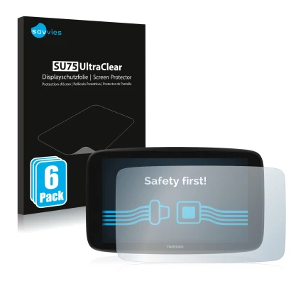 Parte frontale di una confezione del prodotto con il logo del marchio Savvies. Accanto è raffigurato il dispositivo TomTom Go 