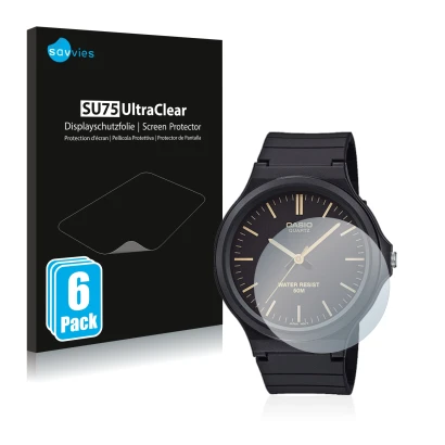 Parte frontale di una confezione del prodotto con il logo del marchio Savvies. Accanto è raffigurato il dispositivo Casio Unis