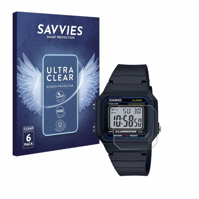Parte frontale di una confezione del prodotto con il logo del marchio Savvies. Accanto è raffigurato il dispositivo Casio Unis