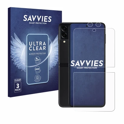 Parte frontale di una confezione del prodotto con il logo del marchio Savvies. Accanto è raffigurato il dispositivo Samsung Ga