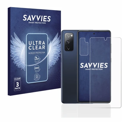 Parte frontale di una confezione del prodotto con il logo del marchio Savvies. Accanto è raffigurato il dispositivo Samsung Ga