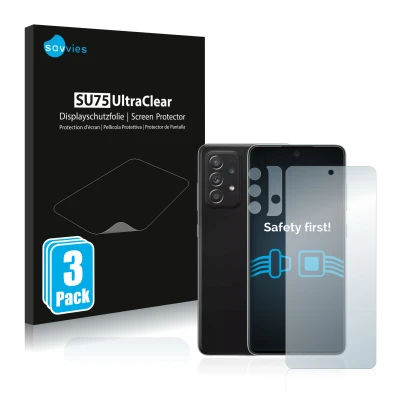 Parte frontale di una confezione del prodotto con il logo del marchio Savvies. Accanto è raffigurato il dispositivo Samsung Ga