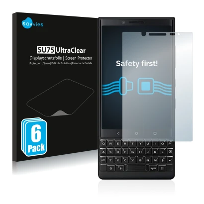 Parte frontale di una confezione del prodotto con il logo del marchio Savvies. Accanto è raffigurato il dispositivo BlackBerry