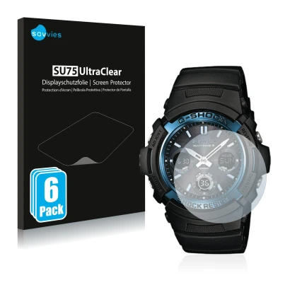 Parte frontale di una confezione del prodotto con il logo del marchio Savvies. Accanto è raffigurato il dispositivo Casio AWG 