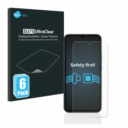 Parte frontale di una confezione del prodotto con il logo del marchio Savvies. Accanto è raffigurato il dispositivo Samsung Ga