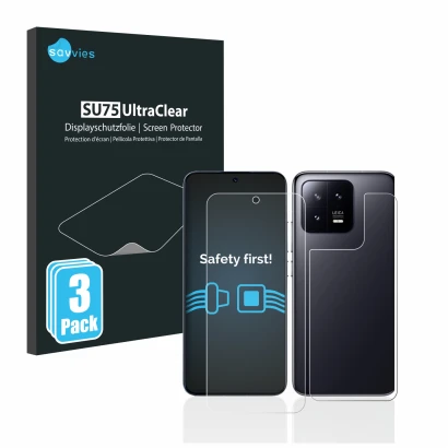 Parte frontale di una confezione del prodotto con il logo del marchio Savvies. Accanto è raffigurato il dispositivo Xiaomi 13 