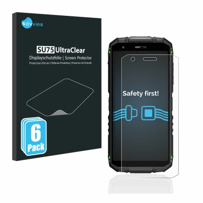 Parte frontale di una confezione del prodotto con il logo del marchio Savvies. Accanto è raffigurato il dispositivo Doogee S41