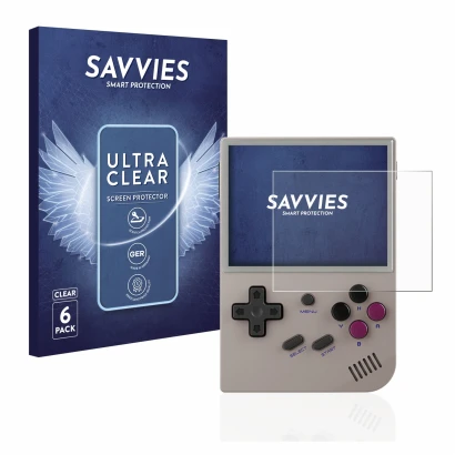 Parte frontale di una confezione del prodotto con il logo del marchio Savvies. Accanto è raffigurato il dispositivo Anbernic R