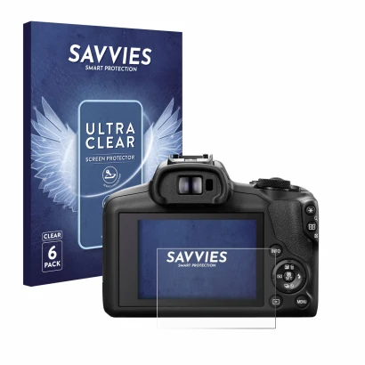 Parte frontale di una confezione del prodotto con il logo del marchio Savvies. Accanto è raffigurato il dispositivo Canon EOS 