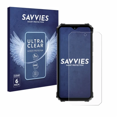 Parte frontale di una confezione del prodotto con il logo del marchio Savvies. Accanto è raffigurato il dispositivo Oukitel WP