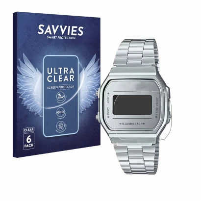 Parte frontale di una confezione del prodotto con il logo del marchio Savvies. Accanto è raffigurato il dispositivo Casio A168