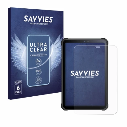 Parte frontale di una confezione del prodotto con il logo del marchio Savvies. Accanto è raffigurato il dispositivo Oukitel RT