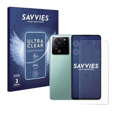 Parte frontale di una confezione del prodotto con il logo del marchio Savvies. Accanto è raffigurato il dispositivo Xiaomi 13T