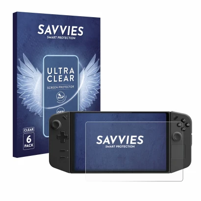 Parte frontale di una confezione del prodotto con il logo del marchio Savvies. Accanto è raffigurato il dispositivo Lenovo Leg