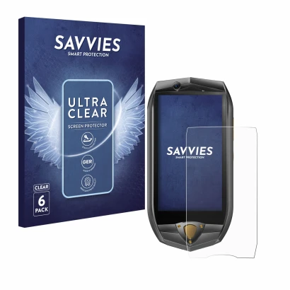 Parte frontale di una confezione del prodotto con il logo del marchio Savvies. Accanto è raffigurato il dispositivo Oukitel K1