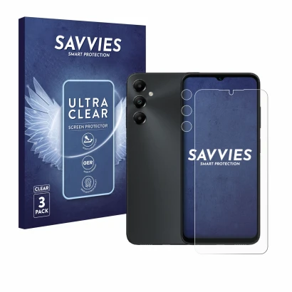 Parte frontale di una confezione del prodotto con il logo del marchio Savvies. Accanto è raffigurato il dispositivo Samsung Ga