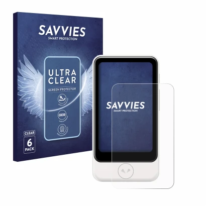 Parte frontale di una confezione del prodotto con il logo del marchio Savvies. Accanto è raffigurato il dispositivo Pocketalk 