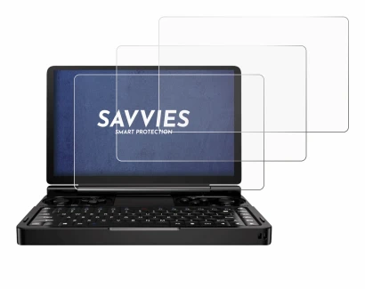Immagine del dispositivo GPD Win Mini (2024) con un'ampia varietà di protezioni per lo schermo.