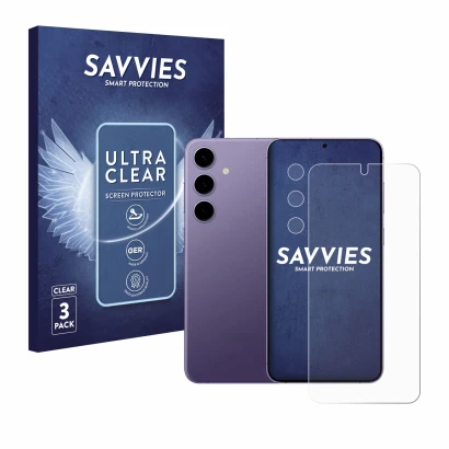 Parte frontale di una confezione del prodotto con il logo del marchio Savvies. Accanto è raffigurato il dispositivo Samsung Ga