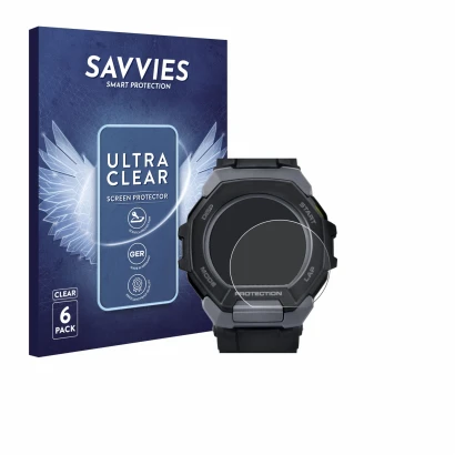 Parte frontale di una confezione del prodotto con il logo del marchio Savvies. Accanto è raffigurato il dispositivo Casio G-Sh