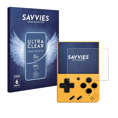 Parte frontale di una confezione del prodotto con il logo del marchio Savvies. Accanto è raffigurato il dispositivo Miyoo Mini