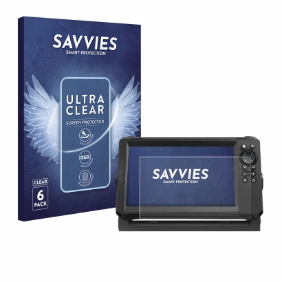 Parte frontale di una confezione del prodotto con il logo del marchio Savvies. Accanto è raffigurato il dispositivo Lowrance E
