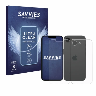 Parte frontale di una confezione del prodotto con il logo del marchio Savvies. Accanto è raffigurato il dispositivo Apple iPho