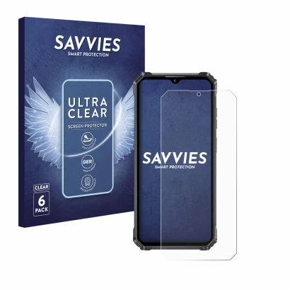 Parte frontale di una confezione del prodotto con il logo del marchio Savvies. Accanto è raffigurato il dispositivo Oukitel G1