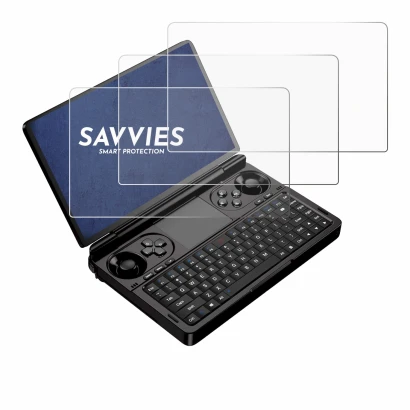 Immagine del dispositivo GPD Win Mini (2025) con un'ampia varietà di protezioni per lo schermo.