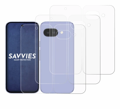 Immagine del dispositivo Google Pixel 9a (Fronte+Retro) con un'ampia varietà di protezioni per lo schermo.