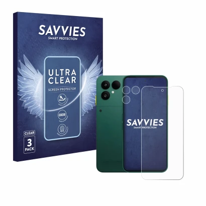 Parte frontale di una confezione del prodotto con il logo del marchio Savvies. Accanto è raffigurato il dispositivo Fairphone 