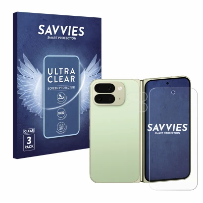 Parte frontale di una confezione del prodotto con il logo del marchio Savvies. Accanto è raffigurato il dispositivo Google Pix